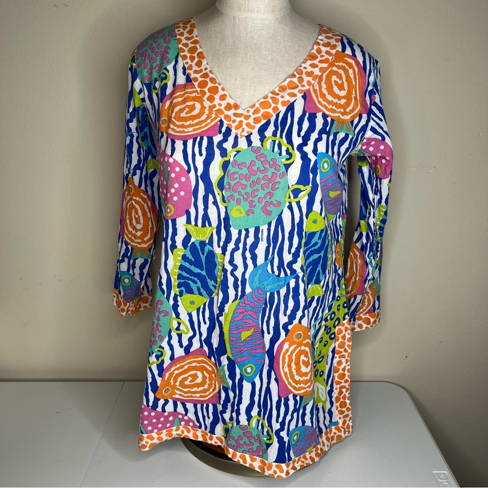 Gretchen Scott Designs Cotton Tropical Fish 3/4 Sleeve Tunic Womens Size Small
